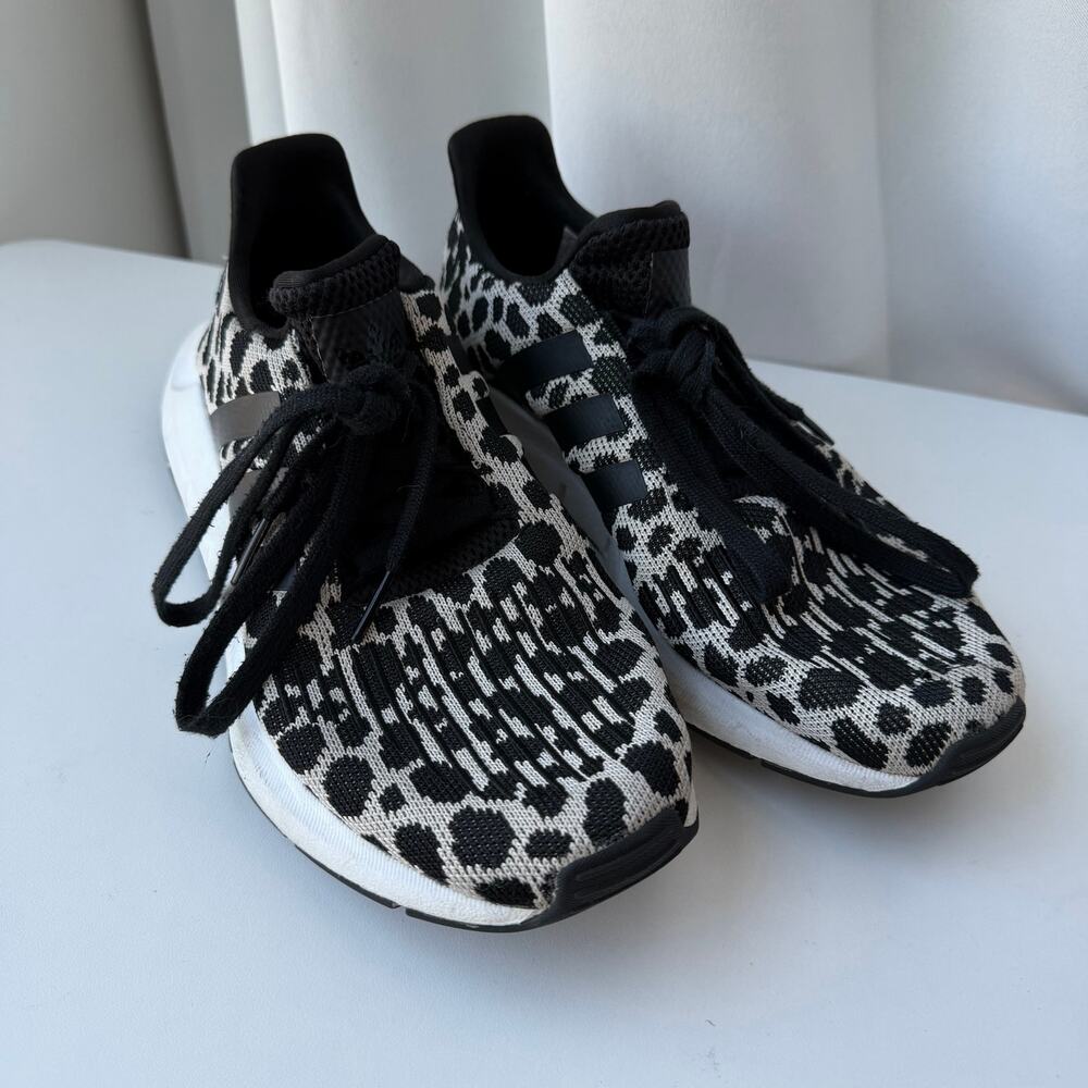 adidas (7) Swift Run 1.0 Leopard Print Knit Sneakers Black White Animal Print